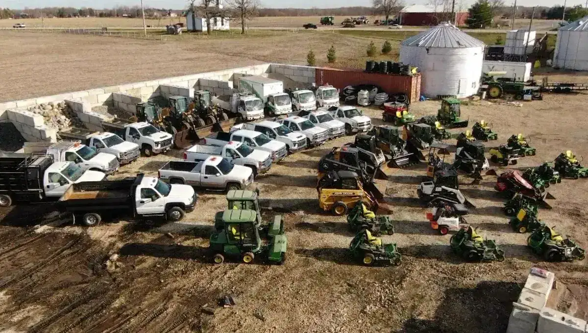 Valley Outdoor mowers, trailers and trucks lined up